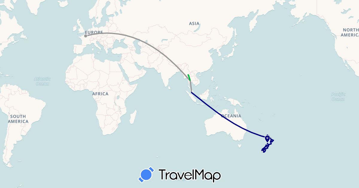 TravelMap itinerary: driving, bus, plane in France, Malaysia, New Zealand, Thailand (Asia, Europe, Oceania)